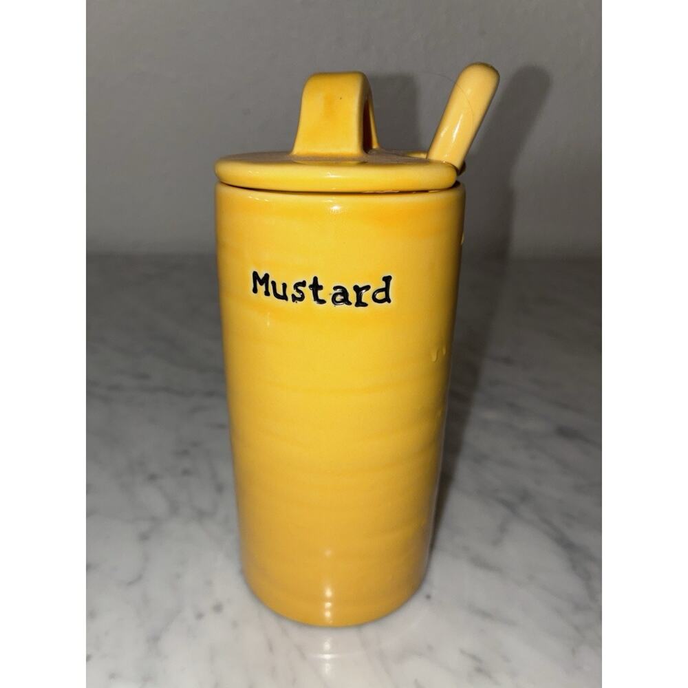 Pottery Barn BBQ Embossed Mustard Condiment 6" Tall Ceramic Jar Lid Spoon